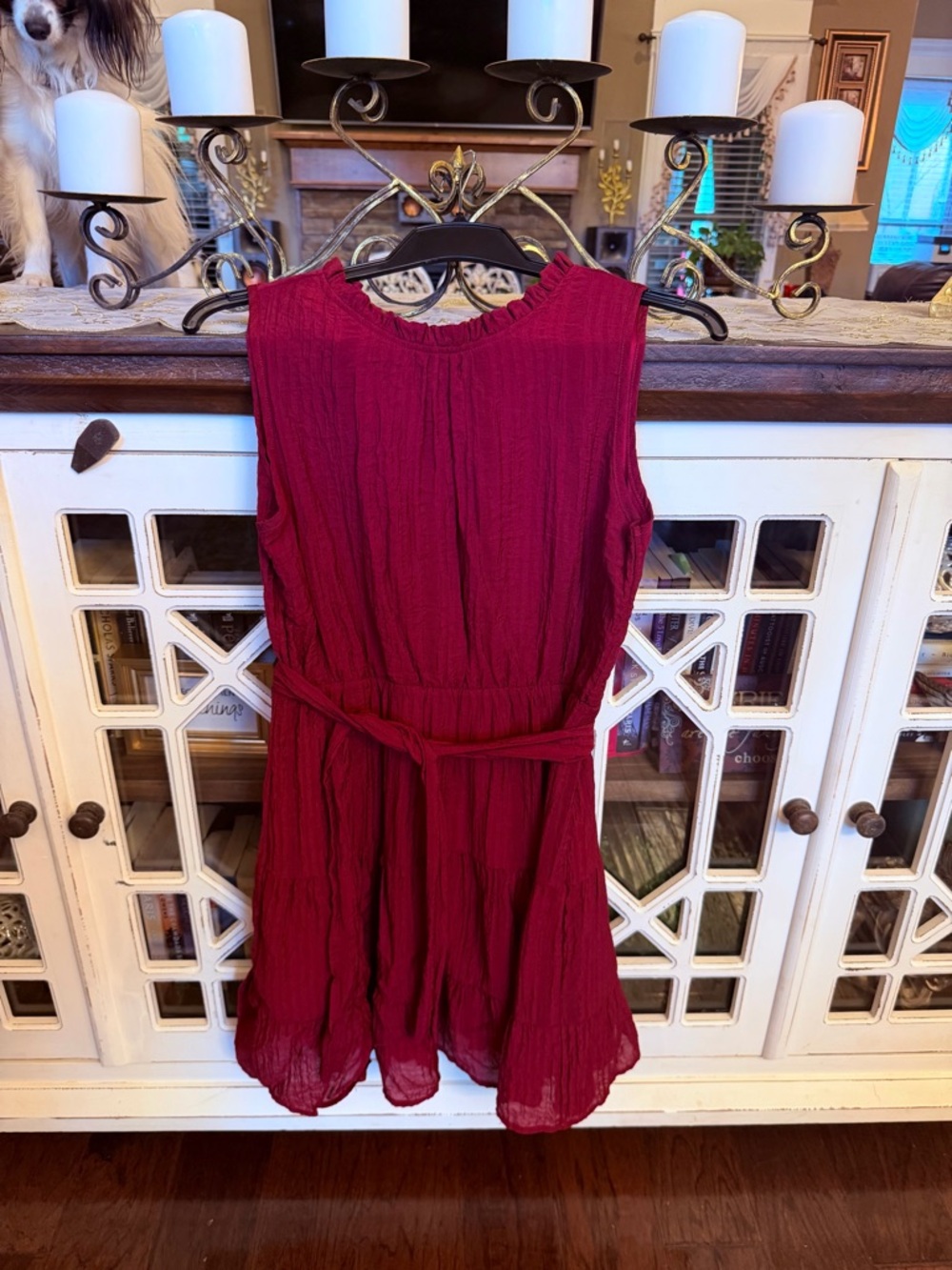 Sleeveless Wine Red Crinkled Belted Dress